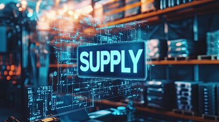 Digital representation of "SUPPLY" in a warehouse setting, emphasizing logistics and technology.