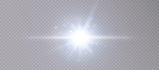 Special lens flare, light effect. White glowing light explode on transparent background. Bright star. Transparent shining sun, bright flash. Vector graphics.