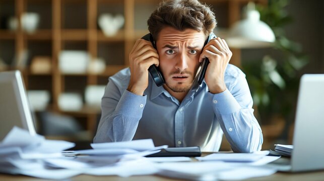 Business owner frantically making phone calls, trying to prevent bankruptcy, stress and urgency, stress bankrupt