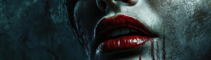 Dark and haunting portrait featuring a close-up of lips with blood, embodying themes of horror and mystery.