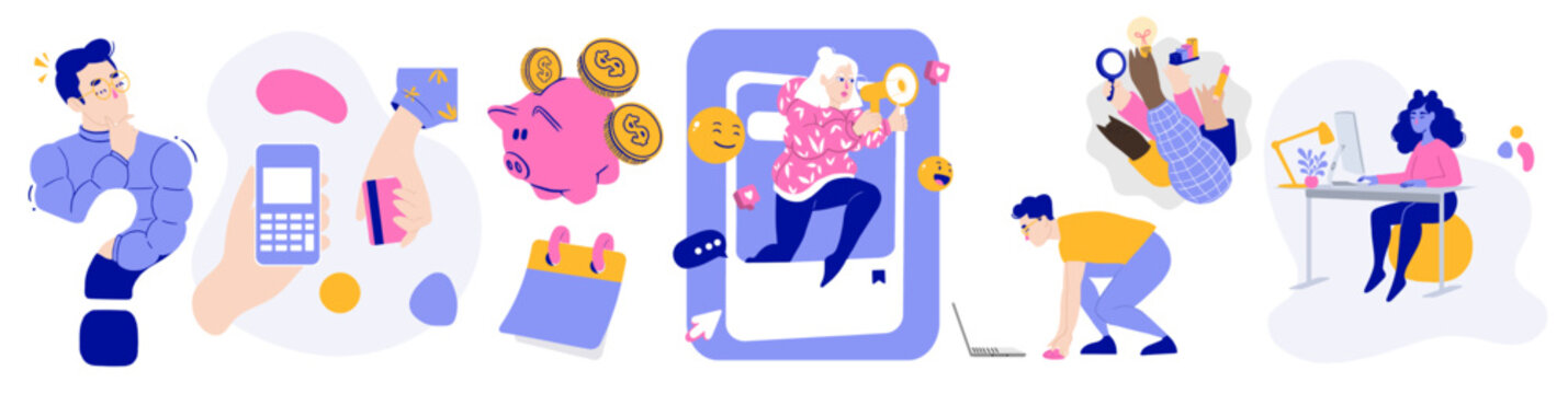 Ilustra&ccedil;&atilde;o, neg&oacute;cios, finan&ccedil;as, vetor, criativo,  id&eacute;ia, empresa, financeiro, megafone, trabalho, forma de pagamento, concorr&ecirc;ncia, rede social, emoji, cofre, dinheiro, calend&aacute;rio, home office, equipe