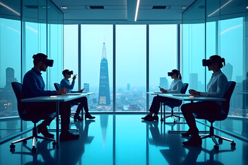Virtual Reality Business Meeting in Modern Office with City View