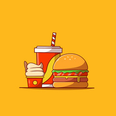 Burger Icon with Soda and Ice cream Vector Illustration. Hamburger Fast Food Logo. Cafe and Restaurant Menu. Flat Cartoon Style Suitable for Web Landing Page, Banner, Flyer, Sticker, Card, Background