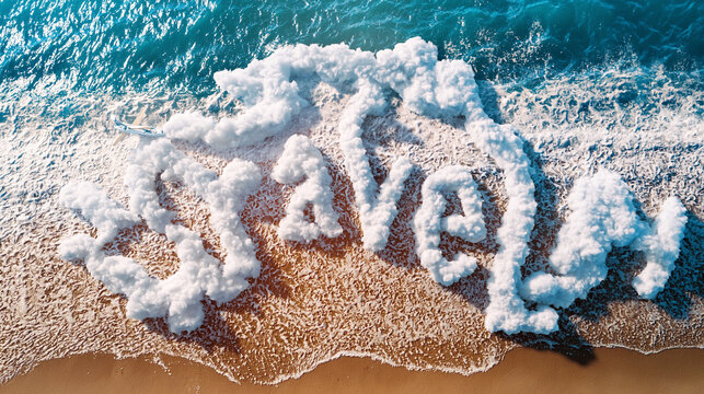 Aviation and Travel: Cloud Letters Over Sea with Airplane in Flight