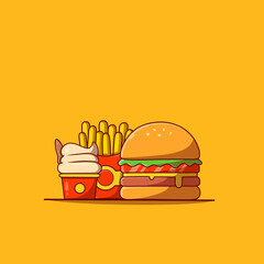 Burger Icon with French fries and Ice cream Vector Illustration. Hamburger Fast Food Logo. Cafe and Restaurant Menu. Flat Cartoon Style Suitable for Web Landing Page, Banner, Flyer, Sticker, Card