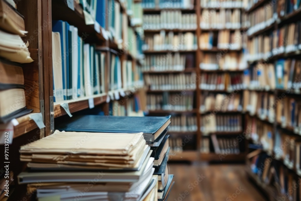 Poster old books resting on a wooden shelf in a library with other shelves out of focus in the background