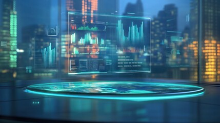 Obraz premium Futuristic data visualization interface in a modern urban environment.