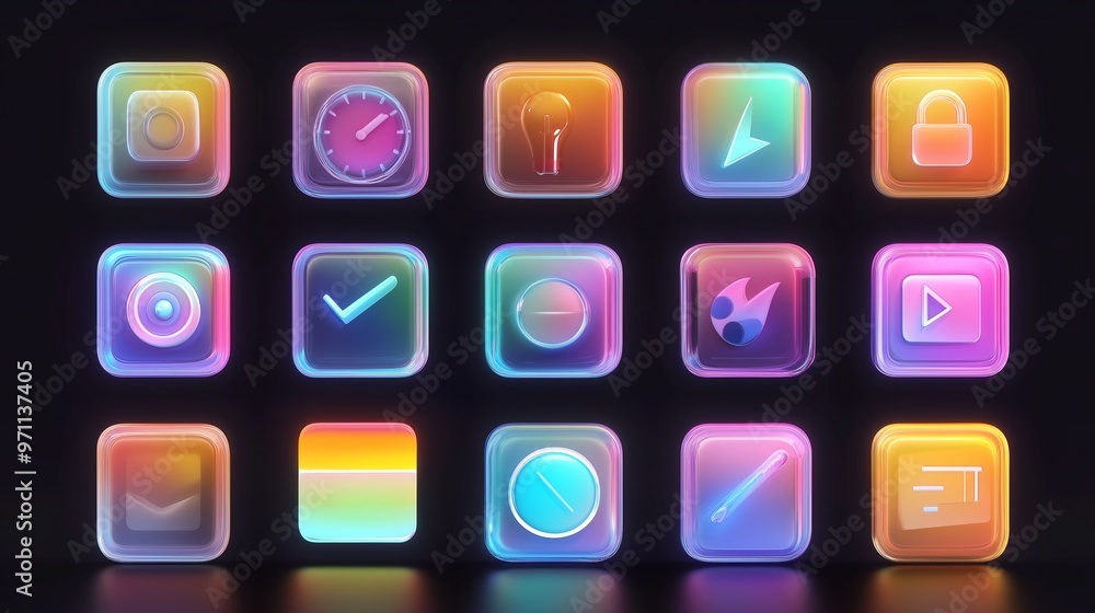 Poster colorful glowing app icons arranged in a grid, showcasing various functions and designs for digital 