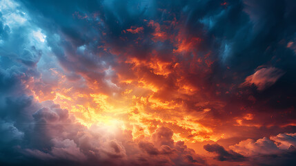 Wide panoramic view of the sunset sky with dark clouds