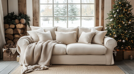 christmas living room with christmas tree on the background