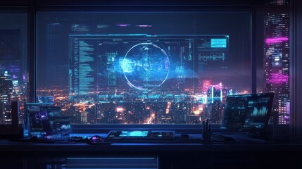 Obraz premium Futuristic workspace with a city view and digital interfaces.