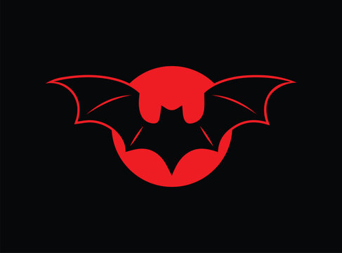 Red bat silhouette in circle vector illustration, negative space bat logo