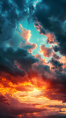 Fototapeta premium Wide panoramic view of the sunset sky with dark clouds