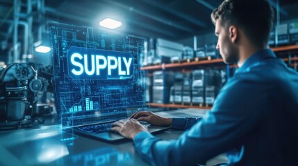 A person works on a laptop with a holographic display showing "SUPPLY" in a warehouse setting.