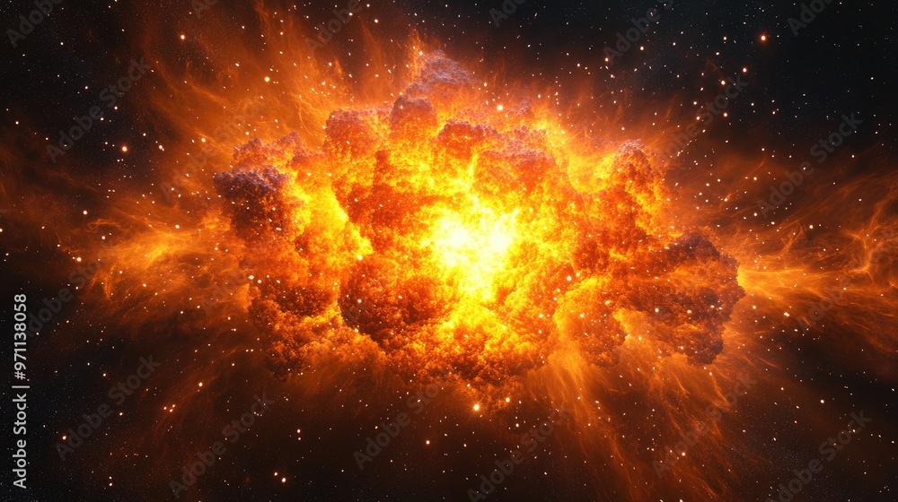 Poster a massive explosion in space. this image is perfect for illustrating concepts related to the univers