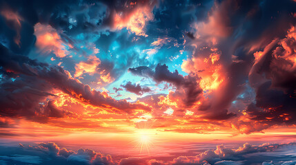 Fototapeta premium Wide panoramic view of the sunset sky with dark clouds