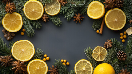 christmas background with fir branches, winter spices and lemons