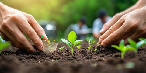 Intimate close-up of a geologist's hands sifting through rich, dark soil teeming with life. Tiny, iridescent insects and sprouting seedlings are visible among the earth. In the background