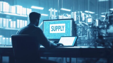 A person working on a computer in a tech-focused environment, emphasizing supply management.