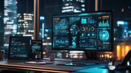 Modern workspace with advanced digital displays showing data analysis and visualizations.