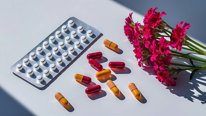 Birth control pills concept with red and white round hormone tablets in blister pack pink flower on white background