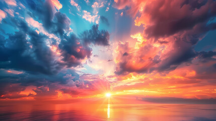 Fototapeta premium Wide panoramic view of the sunset sky with dark clouds