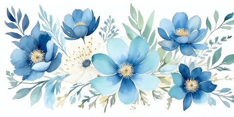 pretty blue theme flowers on pastel white background, concept for banner, watercolor style