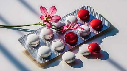 Birth control pills concept with red and white round hormone tablets in blister pack pink flower on white background