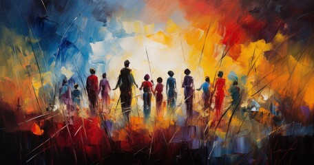 A vibrant abstract painting depicting a group of diverse figures against a colorful backdrop, symbolizing unity and community.