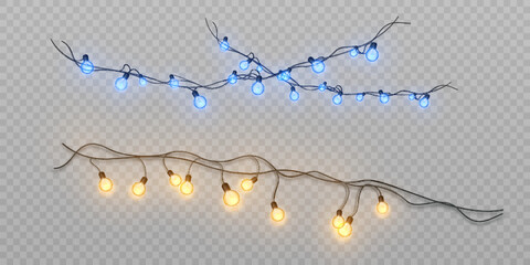Christmas bright lights, garlands isolated on transparent background. Set of golden Christmas glowing garlands with sparkles.