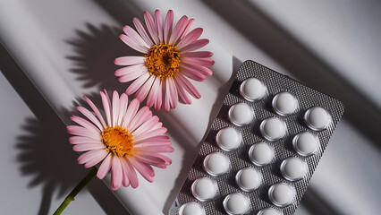 Birth control pills concept with red and white round hormone tablets in blister pack pink flower on white background