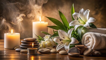 Obraz premium Relaxing spa setting with candles, towels, and lotus flowers on marble background