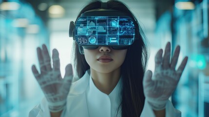 Virtual reality female bioengineer intern medical and WHO healthcare worker wearing VR glasses gear on her head and hands with digital overlay screen