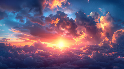 Wide panoramic view of the sunset sky with dark clouds