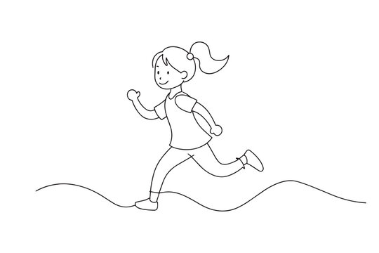 recommend clip art: Little girl running continuous line art isolated flat vector illustration on white background