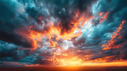 Fototapeta premium Wide panoramic view of the sunset sky with dark clouds