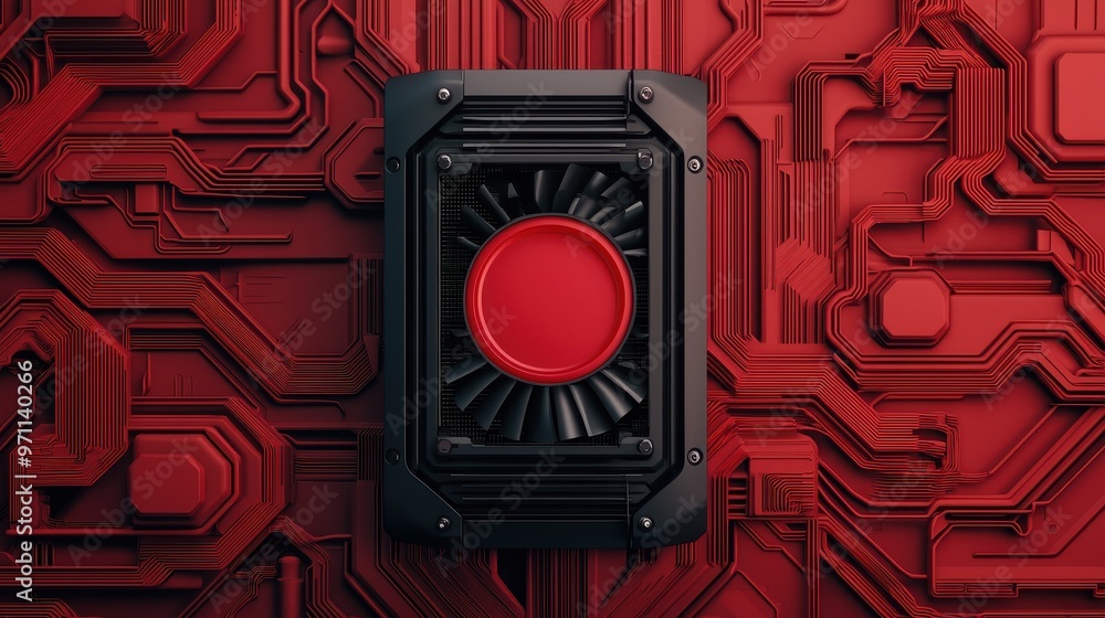 Poster abstract background featuring a red circuit board with a central black component, perfect for techno