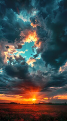 Obraz premium Wide panoramic view of the sunset sky with dark clouds