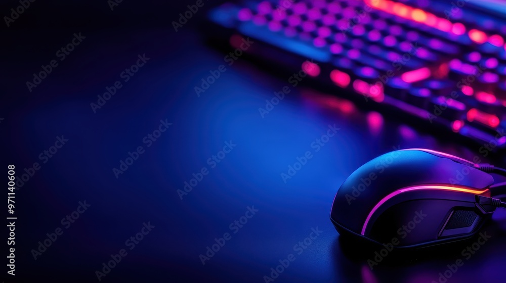 Poster a close-up of a gaming mouse and keyboard with vibrant rgb lighting, ideal for tech enthusiasts and 