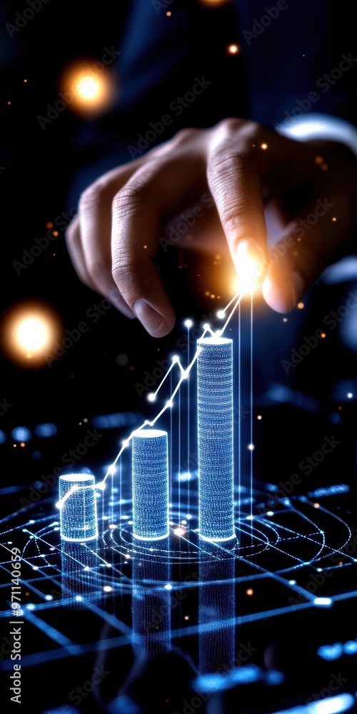 Poster a business professional analyzing data trends through visual graphs and charts, showcasing growth an