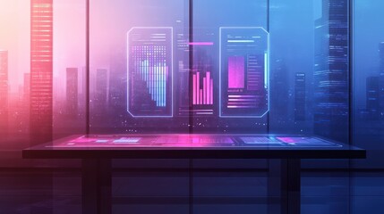 Futuristic workspace with digital data displays and urban skyline.