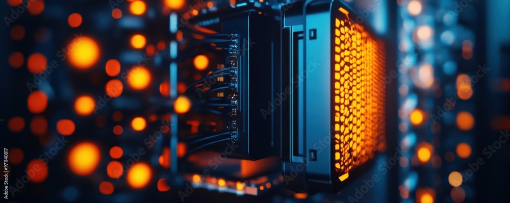 Poster a close-up shot of a modern server with vibrant orange lights, showcasing advanced technology in dat