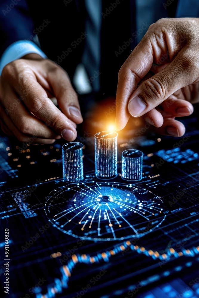 Poster a close-up view of hands manipulating digital graphs, symbolizing data analysis and financial growth