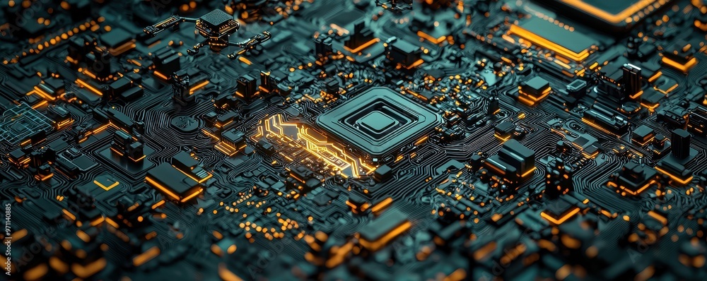 Poster a close-up view of a complex circuit board with intricate designs and glowing elements, symbolizing 
