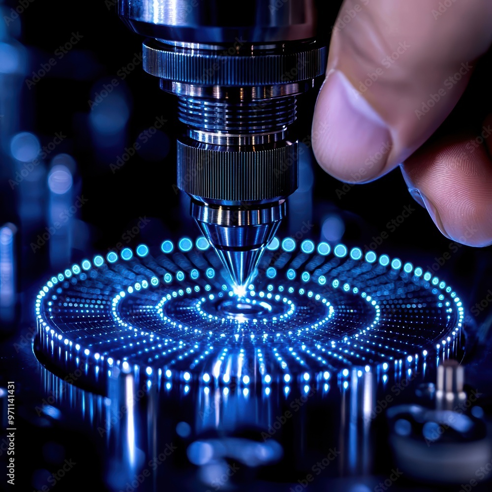 Poster close-up of a technician's hand manipulating precise technology on a illuminated circuit board with 