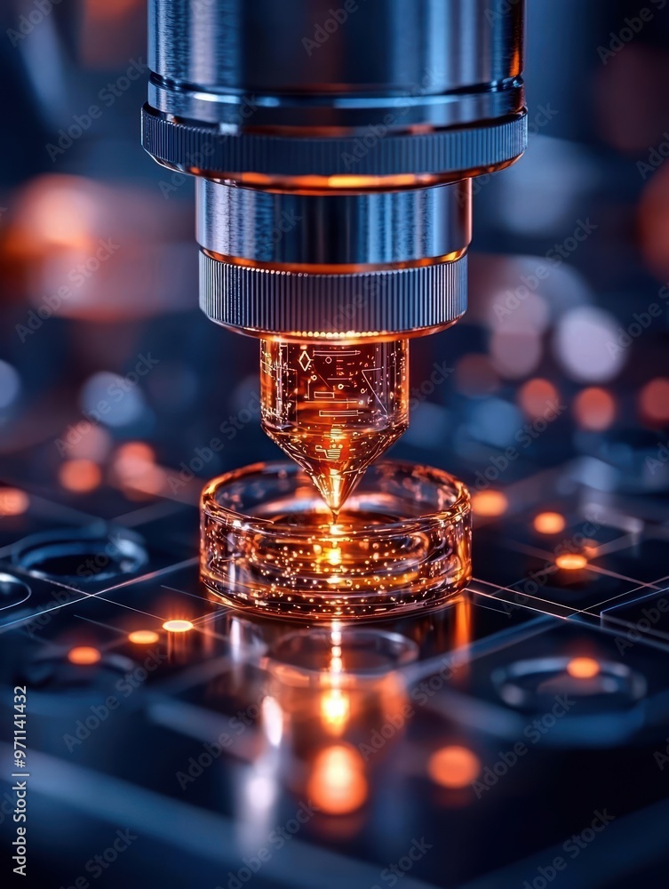 Poster close-up of advanced machinery processing a transparent material with vibrant highlights and intrica
