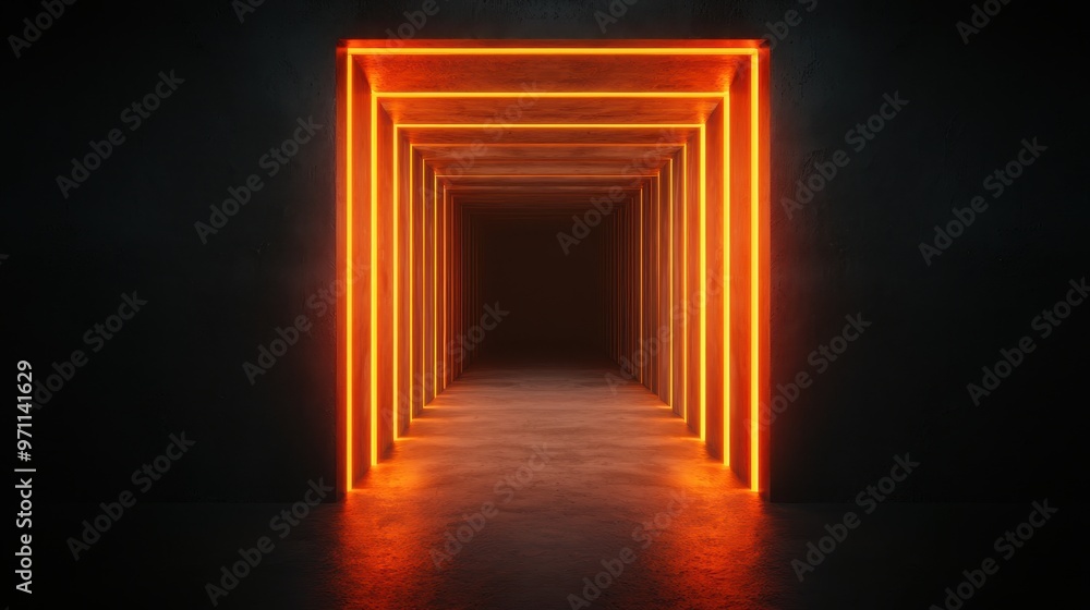Poster a futuristic alleyway illuminated by glowing orange neon lights, creating a captivating depth and in