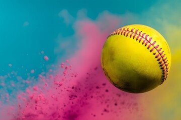 A yellow softball is flying through the air with pink and blue smoke trailing it