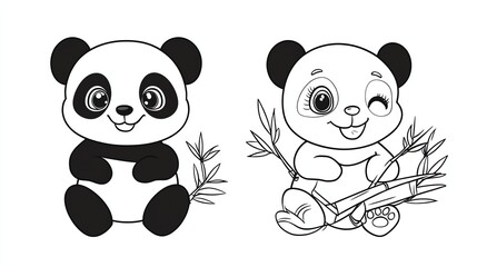 A black and white line drawing of a panda, and a colored illustration of a panda.