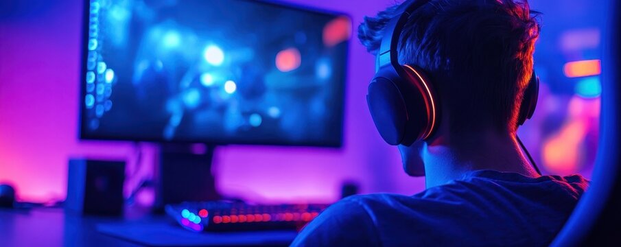 A gamer immersed in a vibrant gaming environment, complete with colorful lighting and headphones, focused on the screen.